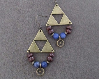 Antique bronze triangle earrings, blue stone