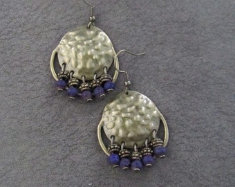 Chandelier earrings, hammered bronze and purple lava rock