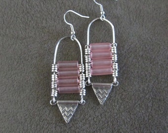 Baby pink frosted glass chandelier earrings