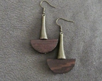 Brown wood and bronze Afrocentric dangle earrings