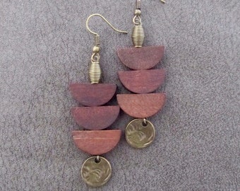 Wooden dangle earrings, mid century modern earrings, bold statement, unique pagoda earrings