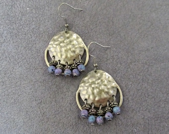 Chandelier earrings, hammered bronze and multicolored lava rock