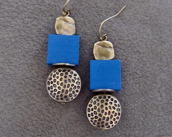 Blue wood, bronze animal print earrings, Afrocentric dangle earrings, mid century modern earrings, African earrings, bold statement, unique