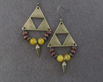 Antique bronze triangle earrings, yellow agate