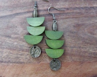 Wood and bronze dangle earrings, mid century modern earrings, bold statement, unique pagoda earrings, green