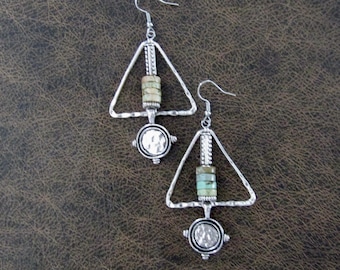 Hammered silver triangle and turquoise earrings,