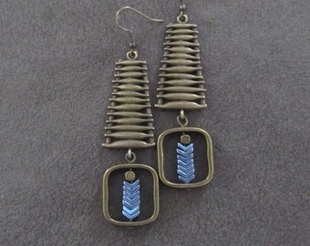 Bronze geometric and blue hematite earrings