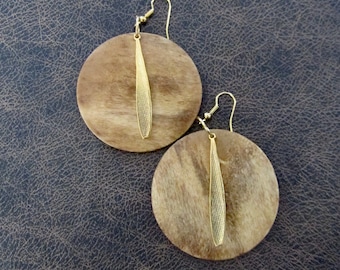 Large round stained wooden and gold earrings