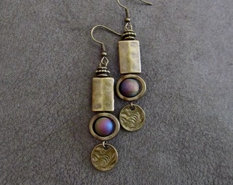 Mid century modern earrings, Brutalist earrings, minimalist earrings, electroplated druzy unique artisan, multicolor rainbow earrings 3