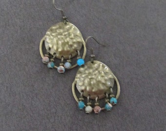 Chandelier earrings, hammered bronze and turquoise jasper