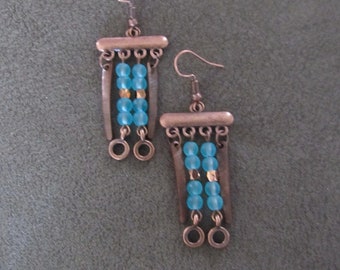 Blue frosted glass and copper chandelier earrings