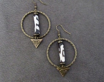 Batik print bone and bronze hoop earrings