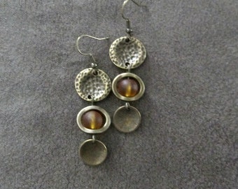 Mid century modern orange frosted glass and bronze earrings