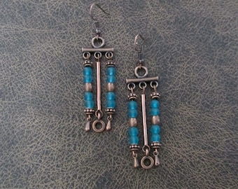 Teal sea glass and copper chandelier earrings