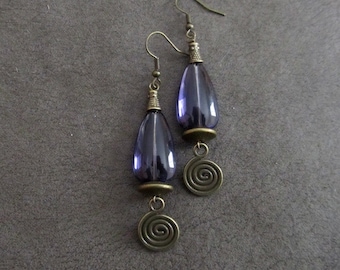 Mid century modern earrings, purple glass earrings, bronze dangle earrings, Art Deco unique, Brutalist bohemian artisan vintage earrings