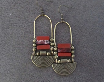 Chandelier earrings, Afrocentric jasper and bronze ethnic statement earrings, rust red stone