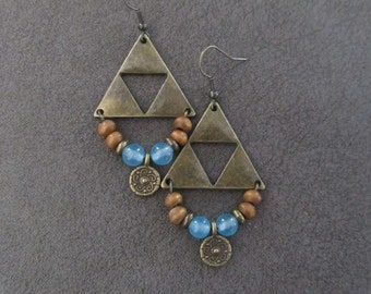 Antique bronze triangle earrings, blue agate