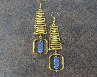 Gold geometric earrings, blue arrow earrings, mid century modern