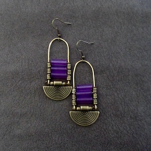 Purple frosted glass chandelier earrings, statement earrings, bold earrings, etched metal earrings, tribal ethnic earrings, chic image 1