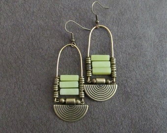 Chandelier earrings, lime green earrings, jadeite stone, antique bronze earrings, ethnic statement earrings, African Afrocentric earrings