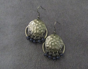 Black frosted glass and hammered bronze chandelier earrings