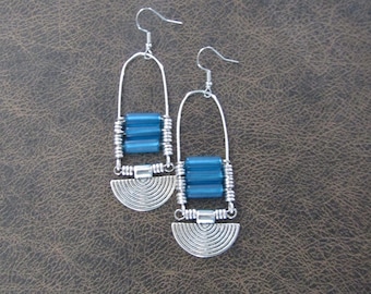 Baby blue frosted glass earrings, chandelier earrings, statement earrings, bold earrings, etched metal earrings 2