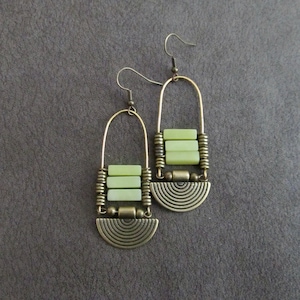 Chandelier earrings, lime green earrings, jadeite stone, antique bronze earrings, ethnic statement earrings, African Afrocentric earrings