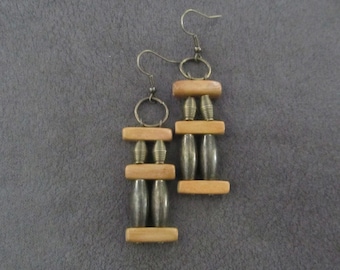 Mid century modern wooden and bronze earrings