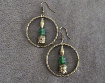 Bronze buddha and frosted glass hoop earrings