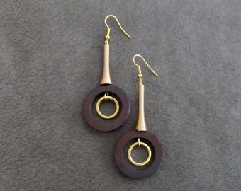 Large long wood earrings, gold brass dangle earrings, Afrocentric jewelry, African earrings, geometric earrings, modern earrings