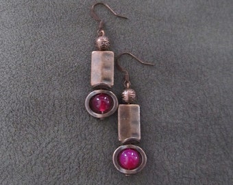 Industrial earrings, pink agate and hammered copper earrings