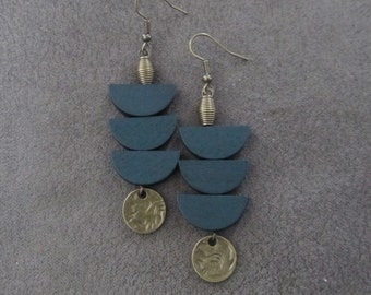 Green wooden earrings, mid century modern earrings, bold statement, unique pagoda earrings