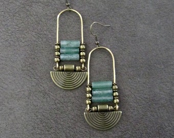 Green stone and bronze ethnic statement earrings