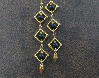 Long black frosted glass and gold earrings, geometric earrings