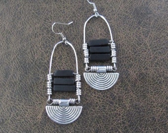 Ethnic chandelier earrings, Afrocentric black and silver, statement earrings, chunky bold earrings, exotic earrings, African earrings