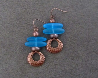 Blue frosted glass and antique copper earrings