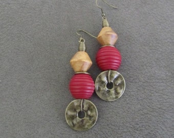 Red wood earrings, hammered bronze earrings, boho chic earrings, ethnic earrings bold statement earrings, unique exotic earrings, bohemian