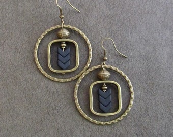 Hammered bronze hoop and black geometric earrings