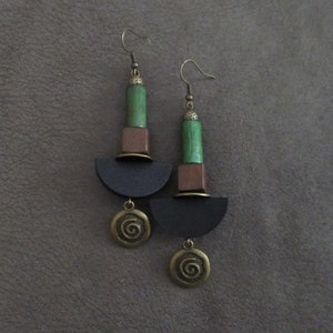 Wooden earrings, Afrocentric earrings, African earrings, bold earrings, statement earrings, geometric earrings, rustic bronze earrings green