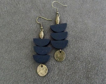 Black wood earrings, brass Afrocentric earrings, mid century modern earrings, African earrings, bold statement, unique pagoda earrings
