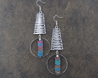 Silver geometric industrial earrings multicolor