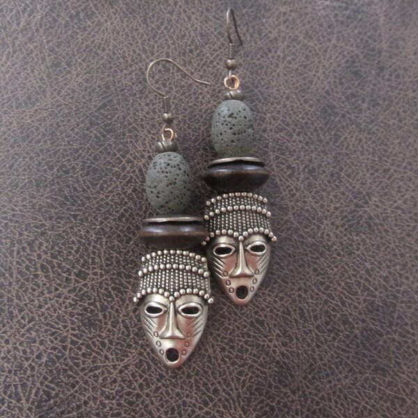 African mask earrings, tribal dangle earrings, lava rock earrings, Afrocentric earrings, ethnic earrings, unique primitive earring, tiki