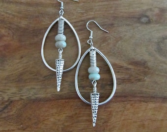 Stone and silver tear drop hoop earrings