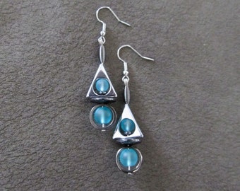 Blue frosted glass and gunmetal geometric earrings