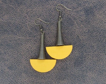 Yellow wood and bronze Afrocentric dangle earrings, mid century modern earrings, African earrings, bold statement, unique