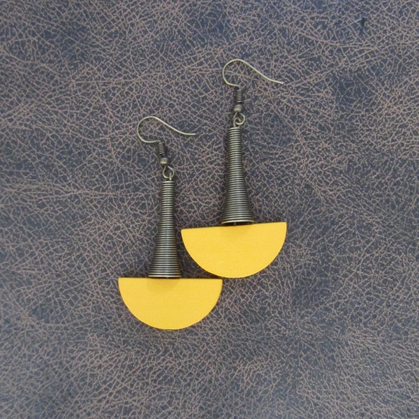 Yellow wood and bronze Afrocentric dangle earrings, mid century modern earrings, African earrings, bold statement, unique