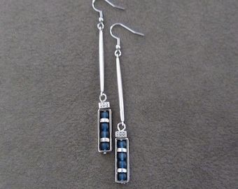 Long blue sea glass and silver earrings