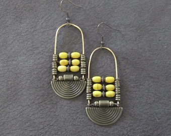 Yellow magnesite stone and bronze, ethnic statement earrings, bold earrings, bohemian boho chic earrings
