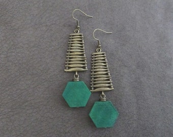 Mid century modern earrings, green wooden hexagon earrings