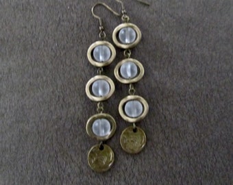 Long frosted glass and bronze earrings